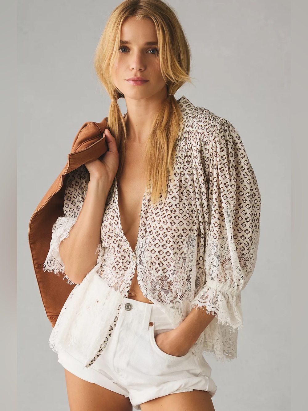 Anthropologie 100% Cotton Brown/White Victorian Sheer Lace Blouse Top Large - Picture 9 of 9
